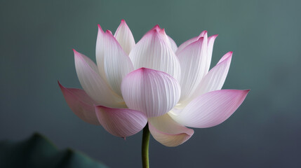 A dewy pink lotus flower against grey background.