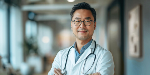 Medicine and healthcare concept : Portrait of smiling Asian male doctor standing in corridor with big windows at hospital. Doctor with stethoscope. 16:9 Ratio with copy space. - obrazy, fototapety, plakaty