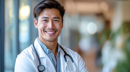 Fotobehang Medicine and healthcare concept : Portrait of smiling Asian male doctor standing in corridor with big windows at hospital. Doctor with stethoscope. 16:9 Ratio with copy space. © aekkorn