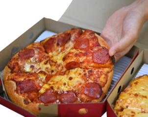 People Hands Taking Slices of Pizza delivery plate . Pizza and food concepะ on transparent.