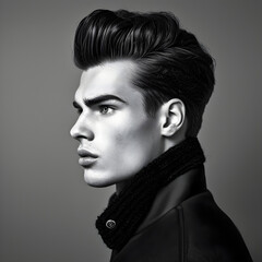 Man with pompadour hairstyle, Black and white portrait of male a model with stylish hair