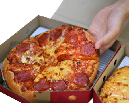 People Hands Taking Slices of Pizza delivery plate . Pizza and food concepะ on transparent.