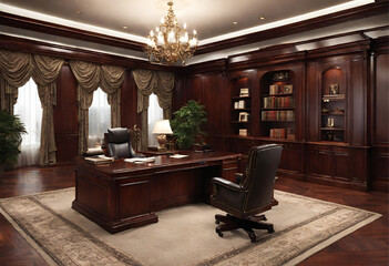 A luxurious executive office furnished with plush mahogany desks