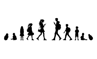 Vector illustration. Growing up children. Set of silhouettes of people.