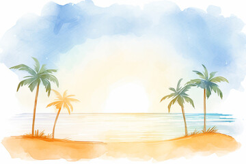 Fototapeta na wymiar A beach setting with palm trees, golden sun, and blue sea , cartoon drawing, water color style