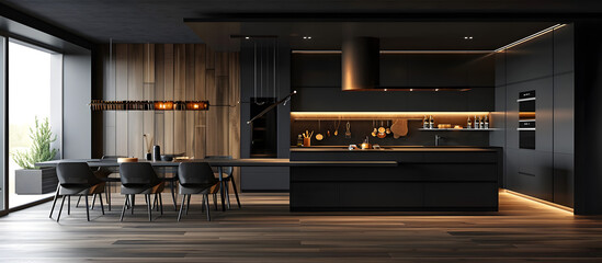 modern black kitchen and dining room