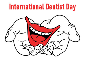 Smiling MOUTH WITH WHITE TEETH in palms. Dentist T-shirt, Print designing on pillows, mugs design with "International dentist day" message. Concept of keeping a bright smile. Flat simple design