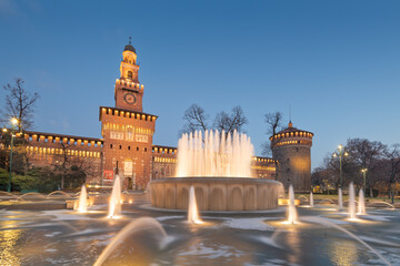 Sforzesco Castle and Fountain in Milan, Italy