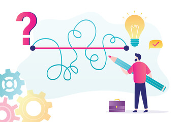 Problems solving. Businessman uses pencil and draw straight path through tangled chaos. Find answers, from question to idea light bulb. Business concept.