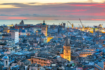 Genoa, Liguria, Italy Downtown City Skyline - obrazy, fototapety, plakaty