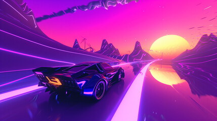 Retrowave Synthwave 3D landscape. VJ visuals in vibrant hues. Futuristic neon aesthetics, 80s-inspired graphic design. A dynamic, nostalgic scene with vibrant colors. - obrazy, fototapety, plakaty