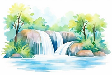 A cascading waterfall in a dense rainforest, emanating tranquility and relaxation , cartoon drawing, water color style