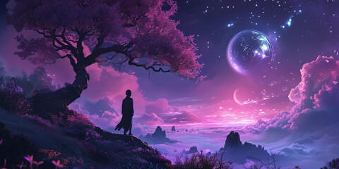 Mystical Night Sky: A Man and His Dog Under the Enchanting Moonlight Amidst Blossoming Trees and Dazzling Stars - A Serene Atmosphere for Nature Enthusiasts