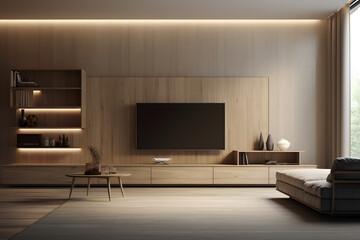 A living room with a minimalist wall mounted entertainment tv 