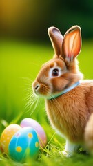 A red rabbit with satin ribbon around his neck is sitting on the grass, Easter eggs are lying next to it.