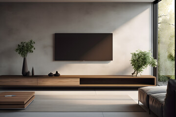 A living room with a minimalist wall mounted entertainment tv 