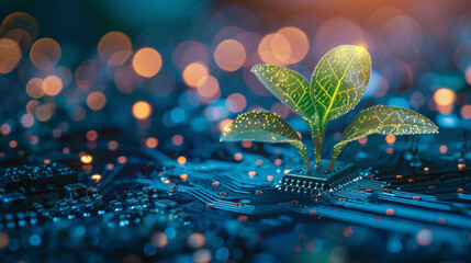 Photo of a plant sprouting through a microchip - obrazy, fototapety, plakaty