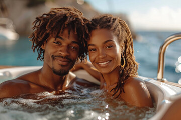 Beautiful couple on the yacht in a jacuzzi - obrazy, fototapety, plakaty