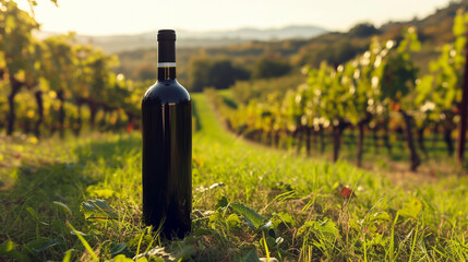 A bottle of wine on the background of a vineyard