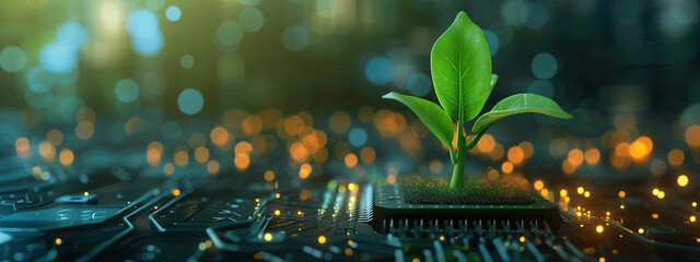 Photo of a plant sprouting through a microchip - obrazy, fototapety, plakaty