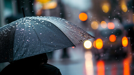 A person with a black umbrella in the rain