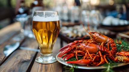 A glass of beer with a plate of fresh crayfish - obrazy, fototapety, plakaty