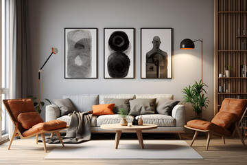 A living room with a minimalist wall mounted gallery wall