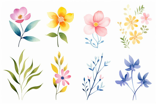 A collection of hand-drawn, floral designs with a focus on blossoms , cartoon drawing, water color style