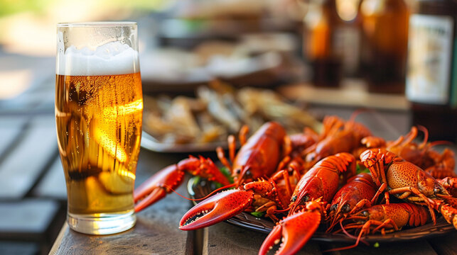 A glass of beer with a plate of fresh crayfish