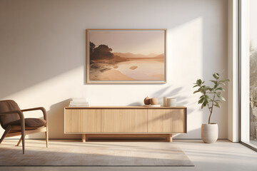 A living room with a minimalist wall mounted sideboard