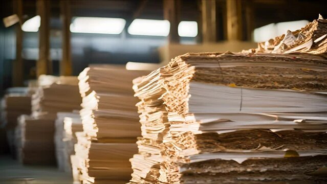 Closeup of a stack of recycled paper bundles at a paper mill.
