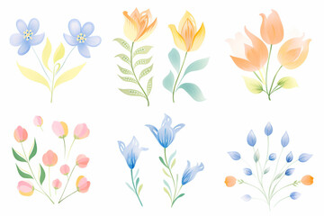 A collection of ornamental, floral prints with a spring theme , cartoon drawing, water color style