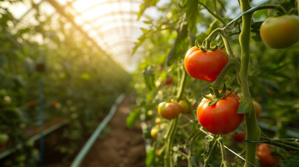 Tomatoes growing in the greenhouse - obrazy, fototapety, plakaty