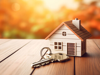 House key and house model, sunlight background. Mortgage, investment, real estate, property and new home concept.