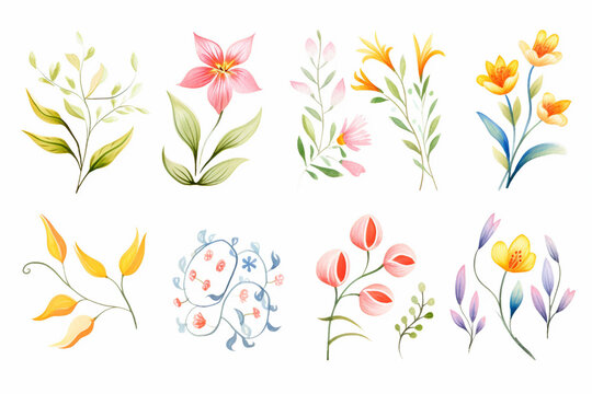 A collection of ornamental, floral prints with a spring theme , cartoon drawing, water color style