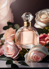 A bottle of premium perfume, surrounded by a bouquet of fresh roses., Ai-generated - 720454921