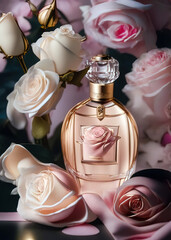 A bottle of premium perfume, surrounded by a bouquet of fresh roses., Ai-generated - 720454937