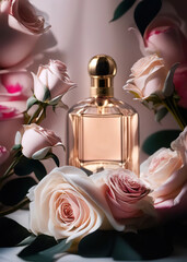 A bottle of premium perfume, surrounded by a bouquet of fresh roses., Ai-generated - 720454938