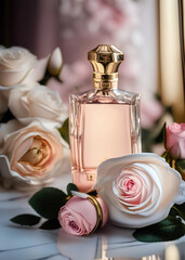 A bottle of premium perfume, surrounded by a bouquet of fresh roses., Ai-generated - 720454939