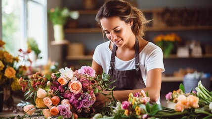 Florist intricately arranging vibrant blossoms into striking bouquet under natural light