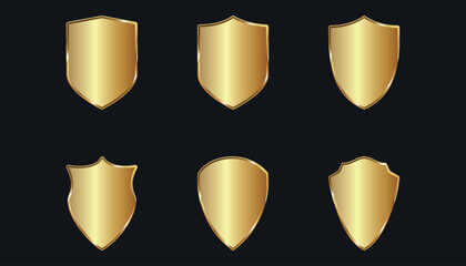 A set of gold 3D shields. 6 pieces. Vector on a black background