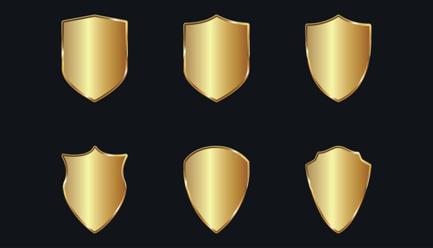 A set of gold 3D shields. 6 pieces. Vector on a black background