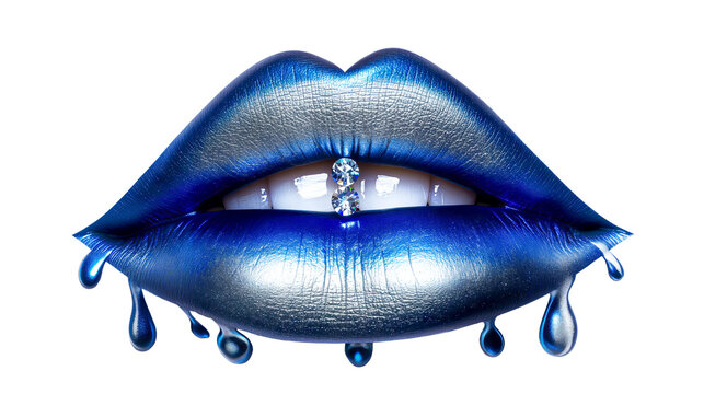 Piar of dripping blue human lips with diamonds cut out and isolated on a white background.
