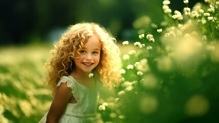 Cute little caucasian girl preschool in green summer floral field wearing white dress smiling in camera enjoying summer