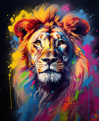 The lion with watercolor splashes in the style of pop art, сolorful, vivid