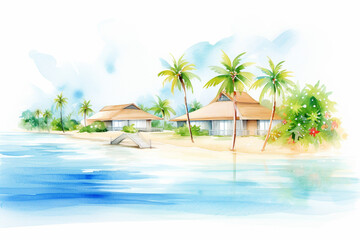 A detailed watercolor illustration of a beautiful tropical resort near the coast , cartoon drawing, water color style