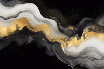 Poster Marble ink painting texture on a luxury background banner, Black white and golden swirls painting splashes ink lines wavy curve liquid artistic surface © RBGallery