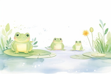 A family of toads living harmoniously in a green, vibrant swamp , cartoon drawing, water color style