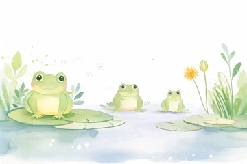 Foto op Plexiglas A family of toads living harmoniously in a green, vibrant swamp , cartoon drawing, water color style © Watercolorbackground