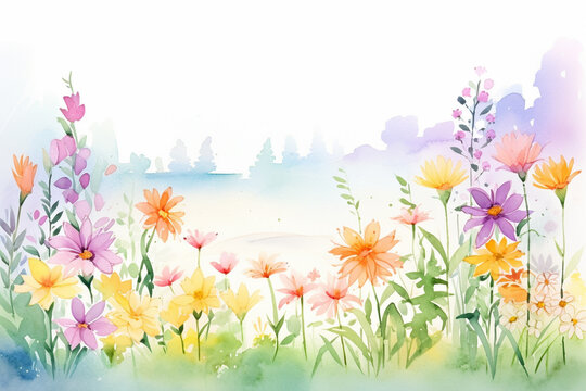 A garden scene filled with variety of blooming flowers in watercolor style , cartoon drawing, water color style